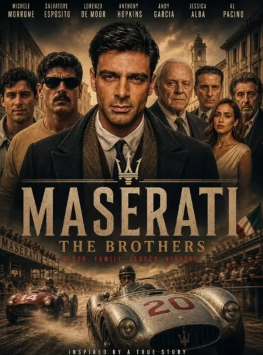 Key art for Maserati: The Brothers, the cast above the title and vintage racing cars below.